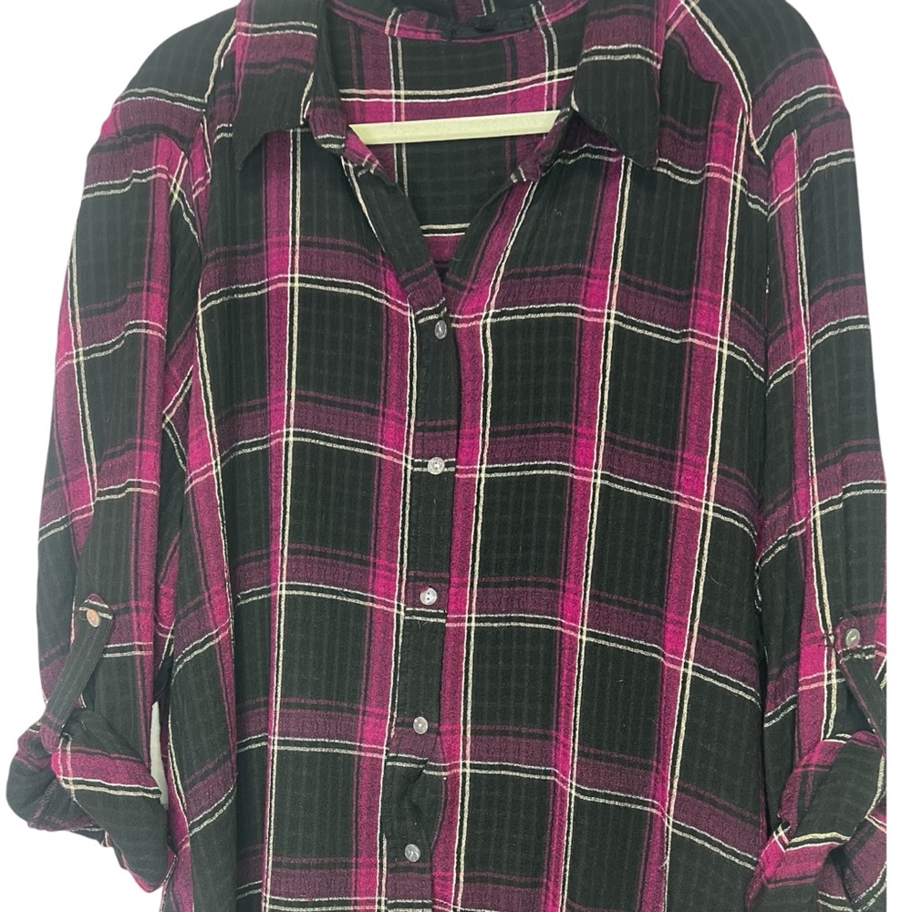 Plaid Button-Up Shirt in Pink/Purple and Black, 2X, Roll-up Sleeves